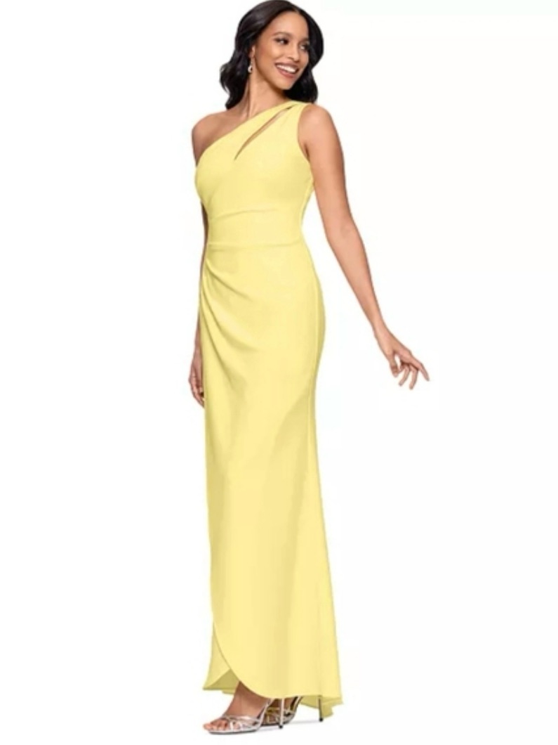 Betsy & Adam Petite Yellow One-Shoulder Ruched Gown Size 4p 4